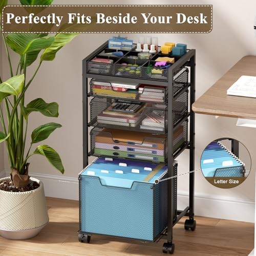 Rolling File Cart with 4 Storage Drawers, Under Desk Organizer with DIY Divider, Moblie Filing Cabinet on Wheels, Fits A4/Letter Size, Metal Utility Cart for Home Office, Black