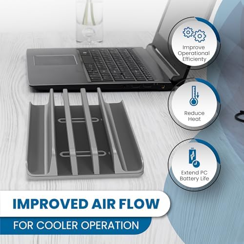 Multiple Laptop Holder Vertical – Adjustable Laptop Vertical Stand Holds 5 Devices, Fits All MacBooks Laptops Tablets and Mobiles (up to 17.3”). Closed Upright Vertical Laptop Stand for Desk