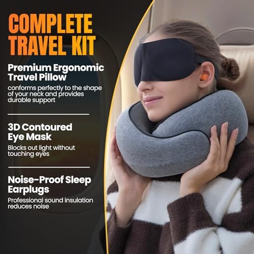 LOEXAIR™ Travel Pillow, Neck Pillow Travel for Airplane, Car - 100% Cotton Fabric & Memory Foam Plane Pillow, Lightweight & Easy-to-Carry on Flight, Full Travel Set (Eye Mask, Earplugs) - Light Grey