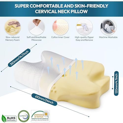 Cervical Neck Pillow for Sleeping – Memory Foam Cervical Pillow for Neck Pain Relief – Ergonomic Side Sleeper Pillow for Adults – Cooling Cervical Neck Pillow for Better Sleep & Support