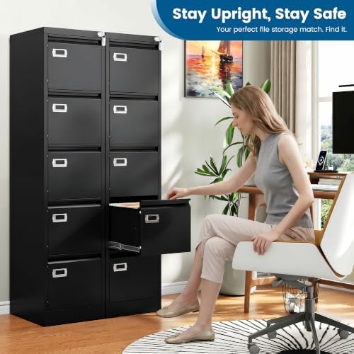 PEUKC 5-Drawer File Cabinet, 16.3" Deep Vertical Metal Filing Cabinet with Lock for Home Office, Anti-Tip 5 Storage Drawers for Letter/Legal/A4/F4 Size (Assemble Required, Black)