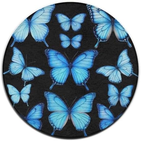 Fashion Round Area Rug Large Non Slip Carpet, Butterfly Blue Unisex Home Decor Mat