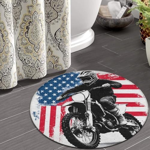 Men's Large Home Decor Mat, Soft Round Yoga Carpet, Non Slip Machine Washable Home Office Circle Rug American Flag Dirt Bike Motocross