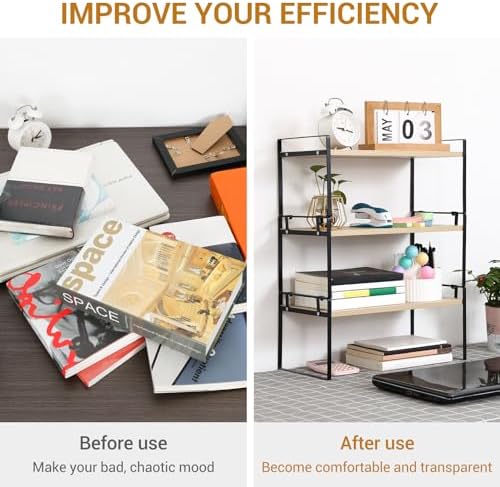 YGYQZ Desk Shelf Organizer for Top of Desk, 3-Tier Desktop Bookshelf, Black & Wood