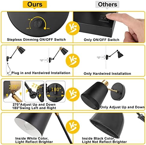 Dimmable Wall Lamp with Plug in Cord, ENCOMLI Plug in Wall Sconces Set of Two, Swing Arm Sconces Wall Lighting with On Off Switch, Metal Black Brass Industrial Wall Sconce Plug in Wall Light, E26 Base
