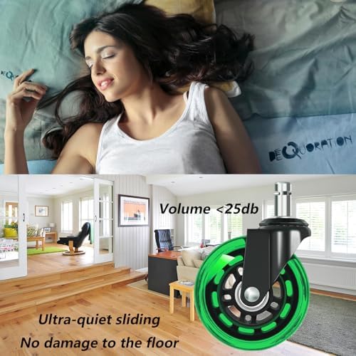3" Office Chair Wheels for Casters Replacement Set of 5 - Office Caster Wheels for Carpet,Computer Chair Wheels,Smooth & Mute for Hardwood Floors and Mats. (Green Transparent)
