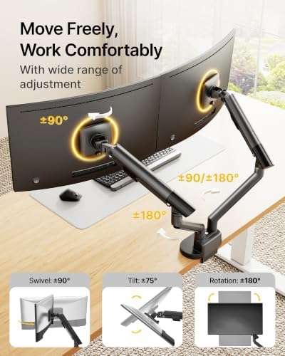 monTEK USB Dual Monitor Arm for 17-40" Screens, 24.3 lbs Each, Black