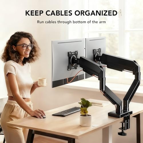 Dual Monitor Stand Adjustable Monitor Desk Mount for 17″–32″ Computer Screens, Full Motion VESA Pattern 75x75/100x100 with C-Clamp & Grommet Aluminum Base, Each Arm Holds 4.4 to 20 lbs HD09B-201