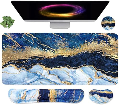 4-in-1 Large Gaming Mouse Pad, Keyboard Wrist Rest Pad & Wrist Support Mousepad Set, Extended Desk Pad Waterproof Desk Mat for Home Office Study Game - Blue Gold Marble