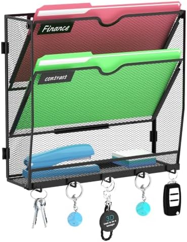 3-Tier Wall File Organizer with Hook, Hanging File Organizer Black