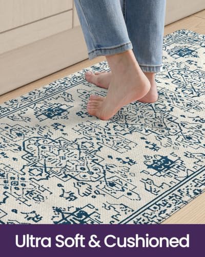 DEXI Kitchen Floor Mats Cushioned Anti Fatigue Runner Rug Blue and White