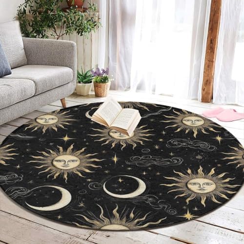 Room Sofa Yoga Soft Round Carpet, Home Decor Non Slip Kitchen Office Circle Rug, Machine Washable Modern Round Area Rug Mystical Magical Cosmic Astrology Sun Crescent Moon Stars Gold Black Art