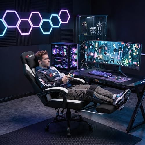 Shintenchi Big and Tall Gaming Chair Fabric Pocket Spring Cushion,High Back Recliner with Footrest and Headrest for Adults, Massage Lumbar Support for Home Office, Ergonomic Computer Desk Chair, Black