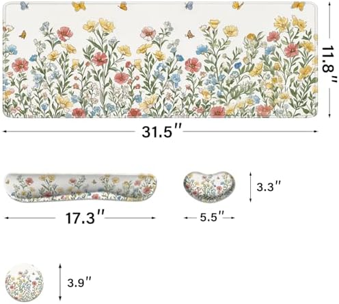 Desk Pad and Keyboard Wrist Rest, Large Mouse Pad + Keyboard Pad+Mouse Wrist Support, Non-Slip Desk Mat Protector for Office, Home 31.5×11.8 Inches Spring Floral