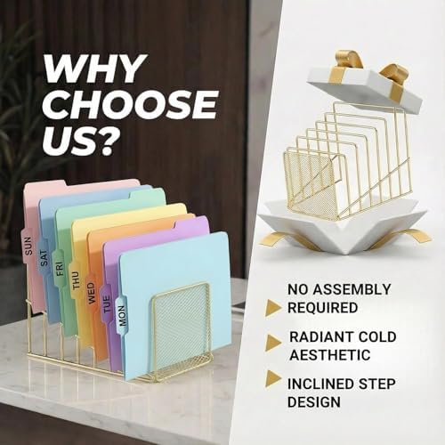 Gold Desk Organizer 7 Slot Inclined Vertical File Folder Holder Sorter with Mesh Front Metal Wire Rack for Mail, Slim Binders, Books Office Organization Desktop Accessories