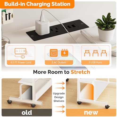 FCH 31.5" Mobile Small Standing Desk, Adjustable Height Mobile Computer Desk, w/2 AC Outlets + 3 USB Ports & Hooks, Storage Shelves, Suitable for Gaming, Studying, Home Office, White