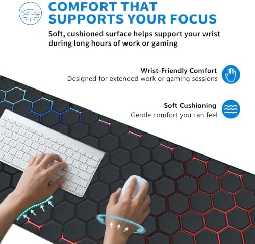 Extended Honeycomb Technology Desk Mat, XXL Large Gaming Mouse Pad, Neon-Inlaid Hexagons Stitched Edges Waterproof Non-Slip Rubber Base for Computer Keyboard Laptop Work Home Office 35.4"x15.7"