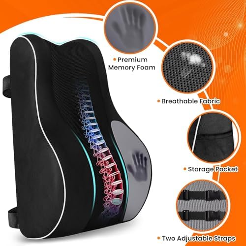 CloudBliss Lumbar Support Pillow, Memory Foam for Office, Standard, Black