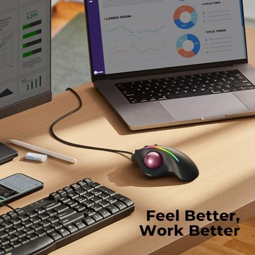 Wired Ergonomic Trackball Mouse, 34mm Thumb Control, RGB Lighting