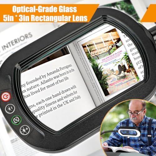 Veemagni 13X Rectangle Magnifying Glass with Light and Stand, Flexible Gooseneck LED Lighted Desk Lamp, 5 Color Modes Stepless Dimmable, Hands Free Magnifier for Reading Crafts Painting Close Work