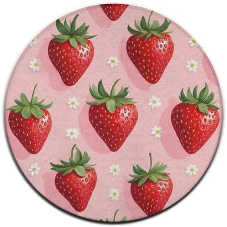 Women's Large Home Decor Mat, Soft Round Yoga Carpet, Non Slip Machine Washable Home Office Circle Rug Flowers Pink Strawberry