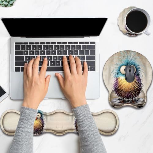 Ergonomic Keyboard Wrist Rest & Mouse Wrist Support Set with Lace Coaster, Gel Memory Foam Anti-Slip Base, Pain Relief for Typing, Colorful Fuzzy Chicken