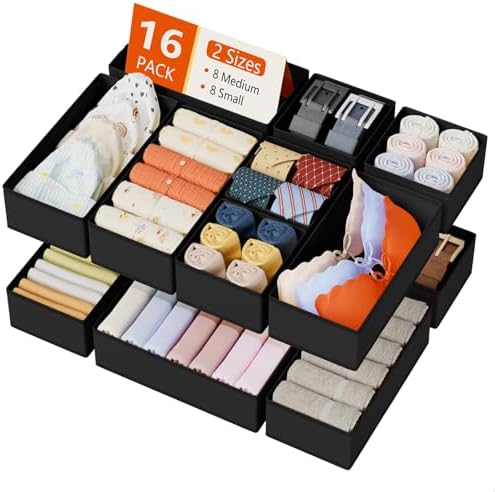 DIMJ Drawer Organizers Clothes, Set of 16 Dresser Organizer Bins, Fabric Closet Organizers and Storage, Shallow Drawer Dividers for Nursery, Clothing, Baby Clothes, Socks, Underwears, Tie (Black)