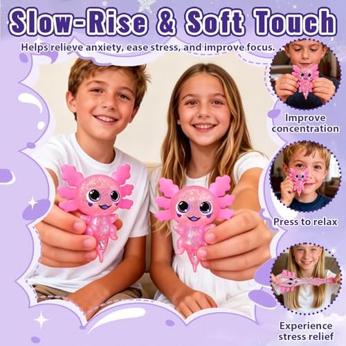 Axolotl Squishy Toy Squeeze Stress Relief Fidget Sensory Toy for Kids Adults, Cute Handheld Stress Ball for Anxiety and Focus, Purple Big Ears(Pink)