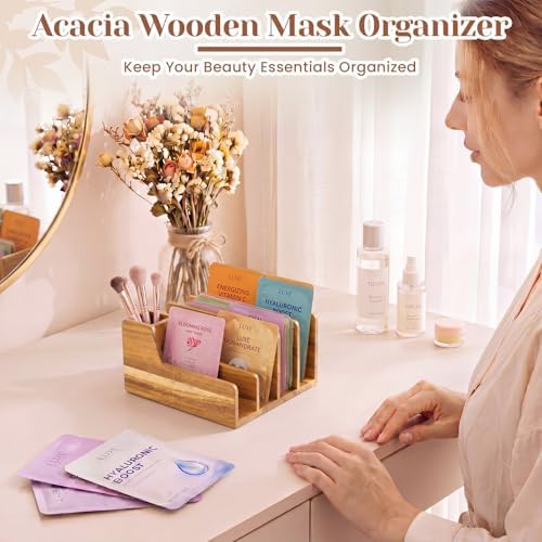 Novabright Acacia Wood Desk Organizer with Pen Holder, 5 Slot Mail Sorter