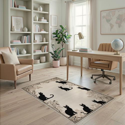4'x6' Black Cat Taupe Design with Motifs Washable Area Rug