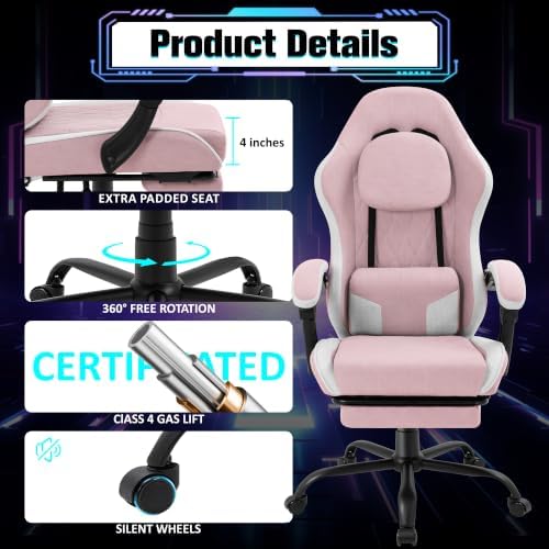 Gaming Chair with Footrest, Ergonomic Fabric Desk Chair, Pink