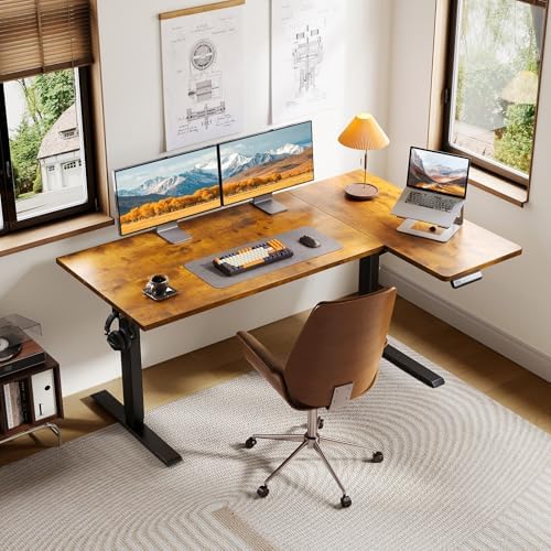 OffiGo 55 Inch Reversible L Shaped Electric Standing Desk, Rustic Brown