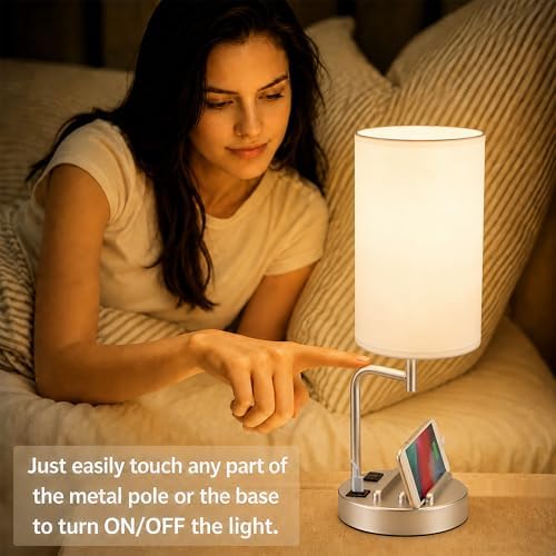 Dreamholder Touch Control USB Table Lamp with USB C/A & AC Outlet, 3-Way Dimmable Bedside Lamp, Modern Nightstand Lamps for Bedroom Living Room Guest Room Office, Bulb Included, Silver