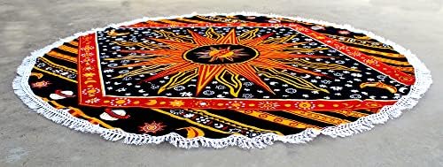 Round Beach Tapestry Turquoise Mandala Throw/Boho Hippie Beach Blanket Roundie/Indian Cotton Bohemian Large Round Table Cloth-Home Decor/Yoga Mat Meditation Picnic Rug (70", Yellow)
