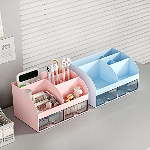 COMFYROOM Desk Organizer with 6 Compartments and 2 Drawers, Plastic Makeup Organizer, Pen Holder for Desktop Storage, Desk Organization for School, Home, Office Supplies (Pink)