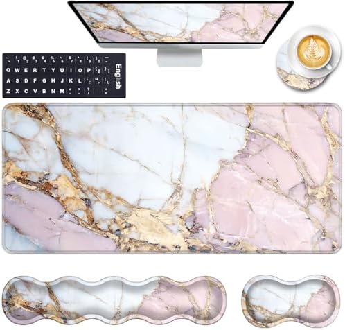 Keyboard Wrist Rest and Mouse Pad with Wrist Support Set Ergonomic Coaster,Memory Foam,Easy Typing Pain Relief,Large XL Desk Mat 31.5"x 11.8",Colorful Marble