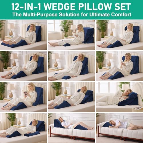 4PCS Wedge Pillow Set for After Surgery, Orthopedic Bed Wedge Pillow for Back Pain Relief, Sitting Up in Bed, Acid Reflux, Adjustable Post Surgery Pillows for GERD, Snoring, Velvet Navy