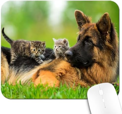 9.5x7.9 Inch Office/Gaming Mouse Pad, German Shepherd and Kittens Lovely Pet Friends, Cute Anti-Slip Mat for Desk Decor