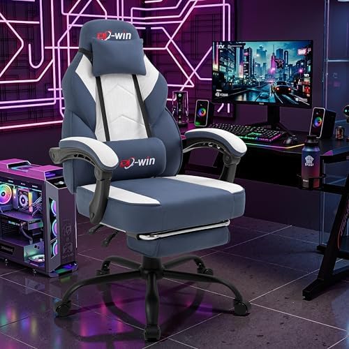 DL-win Video Gaming Chair for Adults, Computer Chair with Footrest and Ergonomic High Back, Big and Tall Gamer Chair with Massage Lumbar Support (Light Blue Fabric)