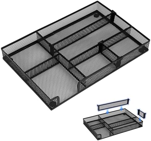 Desk Organizer, Desk Drawer Organizer Tray with Adjustable Dividers, Black Desktop Metal Mesh Office Desk Organizer, Stackable Multifunctional Pen Organizer for Office School Home Makeup Supplies (1)