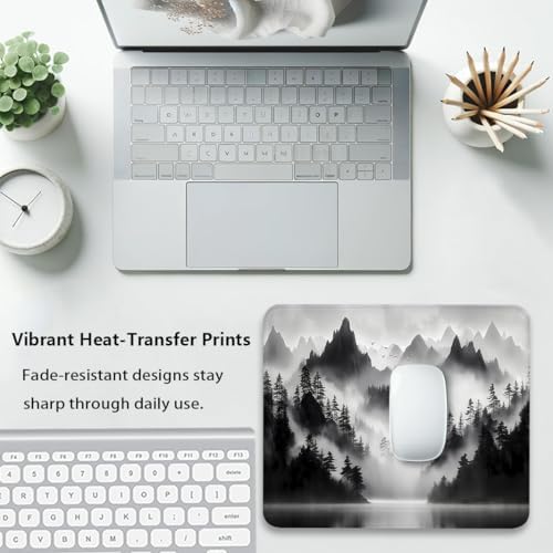 Misty Pine Forest Foggy Mountain Mouse Pad, Black and White Desk Mat