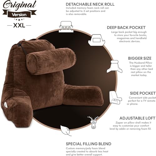 Husband Pillow XXL The Original for Adults - 30" Tall Backrest for Sitting Up in Bed - Firm Support Reading & Bed Rest Pillows for Adults, Neck Roll, Removable Cover - TV - Chocolate