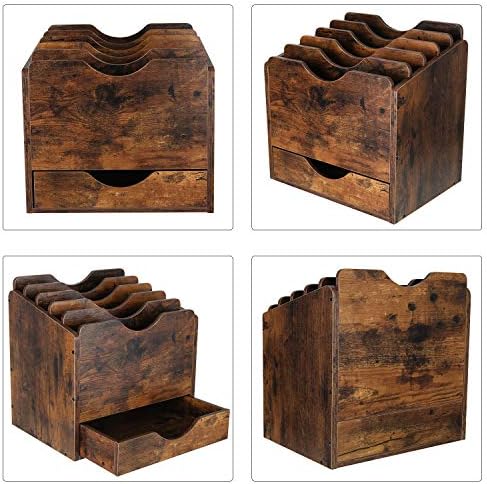 PAG-Mass Wood Desktop File Holder Organizer Mail Sorter with Drawer, for File Folders, Mails, Envelopes, Mailing Supplies or Magazines, 6 Compartments, Antique Brown