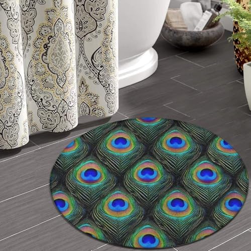 Soft Round Yoga Carpet, Large Home Decor Mat, Non Slip Machine Washable Kitchen Office Circle Rug Peacock Feathers