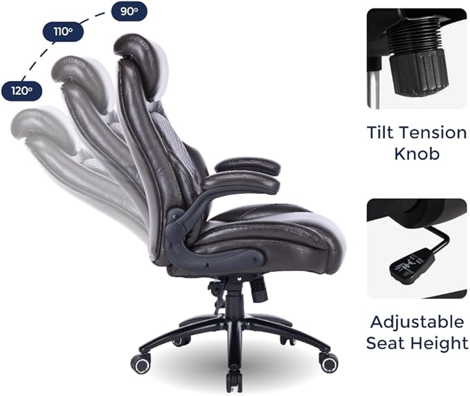 Q-Seat Office Chair with 5-Level Lumbar Adjustment | Recline & Relax Function | Heavy Duty Ergonomic Desk High Back Executive Chair | Flip-up Armrest | Adjustable Headrest | Dark Brown