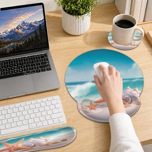 Starfish Wrist Rest Support for Mouse Pad Keyboard Set, Shell Beach Mouse Pad with Non Slip Rubber Base for Home and Office Typing Support