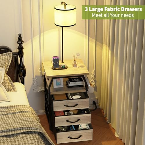runjuly Floor Lamp with Table Set 2, End Table with Light & Charging Greige