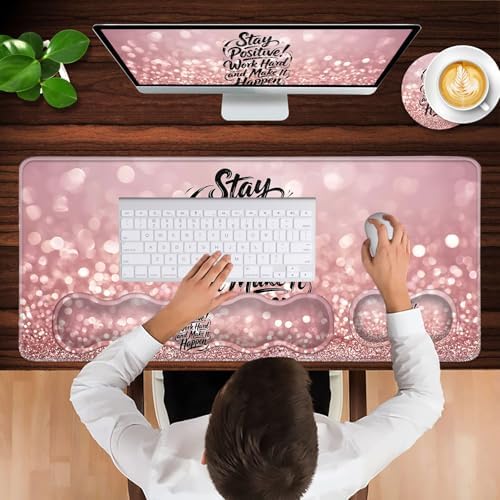 Keyboard Wrist Rest and Mouse Pad with Wrist Support Set Ergonomic Coaster,Memory Foam,Easy Typing Pain Relief,Large XL Desk Mat 31.5"x 11.8",Stay Positive Work Hard and Make It Happen Motivational