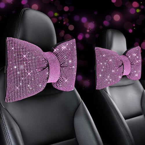 4 PCS Bling Car Pillows,Rhinestones Bowknot Car Headrest Pillow,Pink