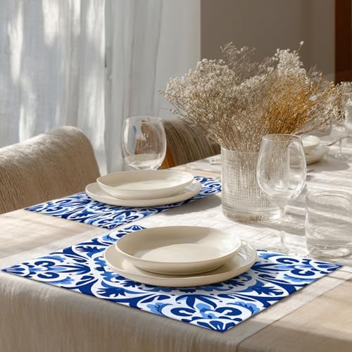 Shrahala Blue White Set of 8 12 X 18 Inch Linen Placemats, Delicate Floral Burlap Table Mat Washable Double Layered Heat Insulation for Indoor/Outdoor